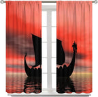 Viking Ship Curtains, Fantasy Ocean Vintage Sailboat at Sundown Nautical Themed Print Blackout Window Treatments for Boys Bedroom Living Room 42x45 Inch