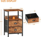 Furologee Nightstand with 2 Fabric Drawers, Night Stand with 2-Tier Shelf, Bedside Table with Hooks, Open Wooden Shelf, End Table for Bedroom, Backboard Design, Metal Frame, Rustic Brown