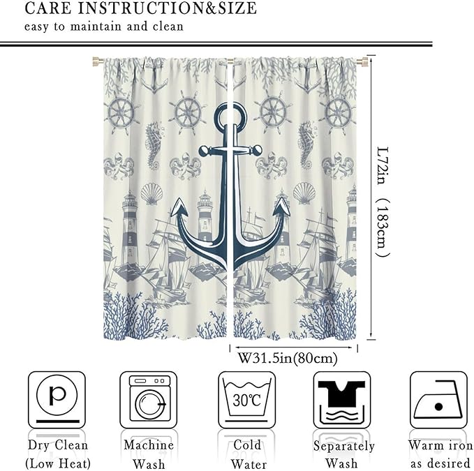 Nautical Anchor Curtains, Vintage Sailboat Ocean Coastal Lighthouse Window Drapes, Navy Blue Coral Shell Seahorse Beach Print Blackout Window Treatments for Living Room Bedroom 63x72in