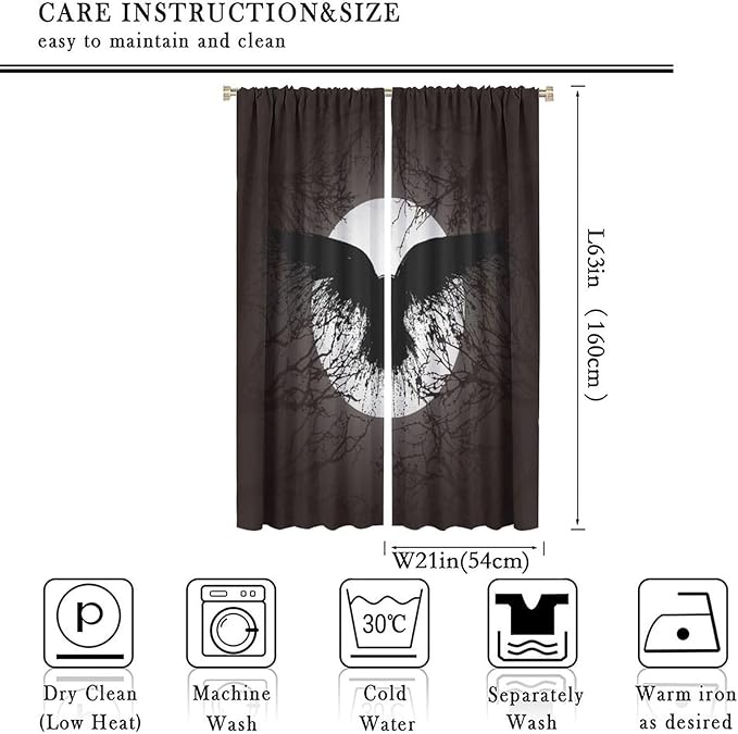 Cool Raven Print Curtains for Bedroom - Vintage Nordic Viking Theme Dead Tree Crow Full Moon Window Drapes,Energy Saving Thermal Insulated Rod Pocket Bedroom Blackout Curtains 2 Panels 63L x 21W