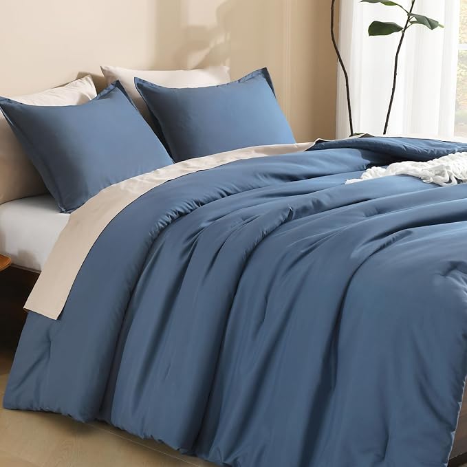 Litanika Haze Blue Oversized King Comforters Super King Size, 3 Pieces Lightweight Solid Bedding Comforter Set, All Season Fluffy Bed Set (120x120In Comforter & 2 Pillowcases)