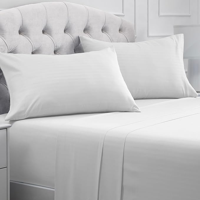 Mellanni California King Sheets Set - 4 PC Iconic Collection Bedding - Hotel Luxury, Extra Soft, Cooling Bed Sheets - Wrinkle, Fade, Stain Resistant (Cal King, Striped White)
