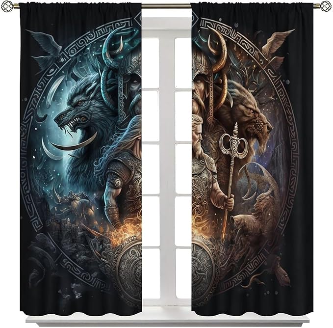 Cool Norse Viking Theme Curtains - Fantasy Ancient Symbols Wildlife Wolf Nordic Vikings Window Drapes,Energy Saving Thermal Insulated Rod Pocket Bedroom Blackout Curtains 2 Panels 84L x 26W