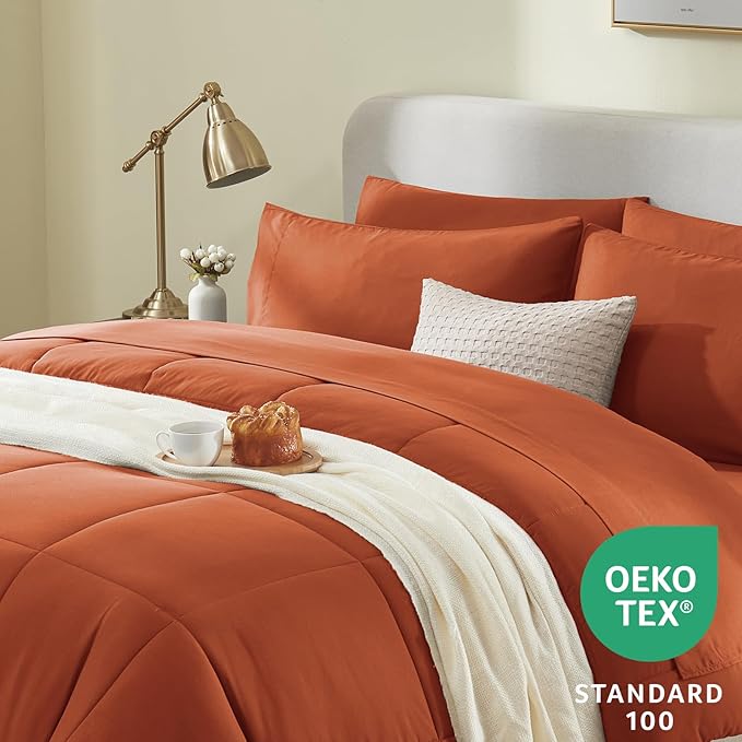 CozyLux Queen Comforter Set Terracotta, 7 Pieces Bed in a Bag, Burnt Orange Fall Comforter Queen Size, All Season Bedding Sets with Stitch Quilted Comforter, Flat Sheet, Fitted Sheet, Pillowcases