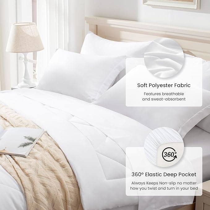 Love's cabin Twin Comforter Set White, 5 Pieces Twin Bed in a Bag, All Season Bedding Sets with 1 Comforter, 1 Flat Sheet, 1 Fitted Sheet, 1 Pillowcase and 1 Pillow Sham