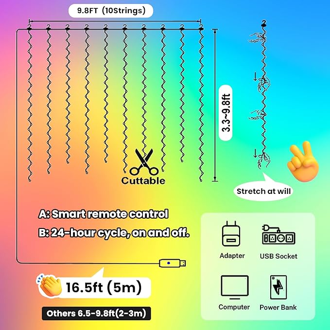 HXWEIYE 300LED Fairy Curtain Lights, 9.8x9.8Ft USB Plug-in 8 Modes Christmas String Hanging Lights with Remote for Bedroom Backdrop Wedding Party Indoor Wall Decor, Multicolor, Standard