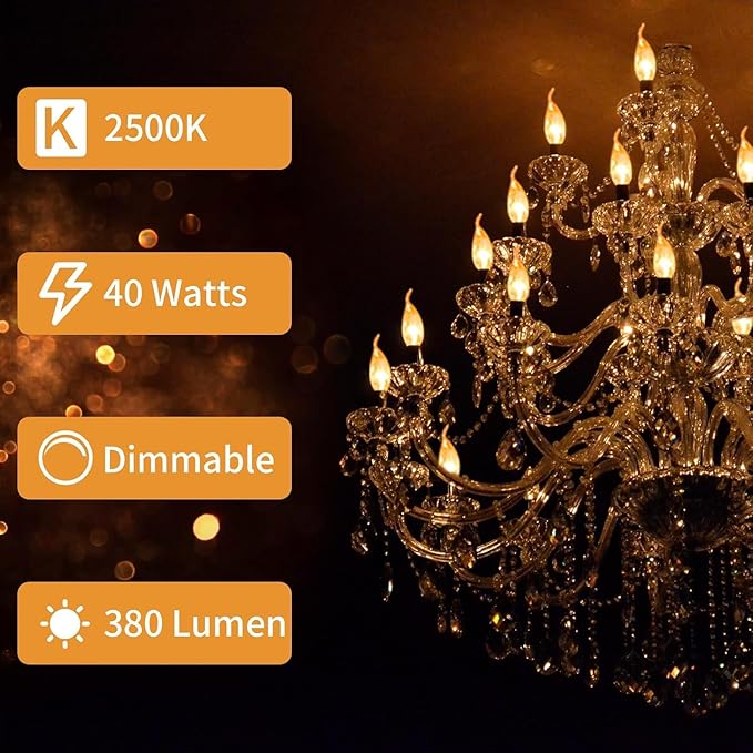 4-Pack E12 Candle Light Bulbs 40W Warm White 2500K, 380 Lumen Dimmable Chandelier Light Bulbs for Ceiling Fan, Pendants or Outdoor, CA10 Clear Candelabra Base Bulbs