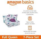 Amazon Basics 7 Piece Microfiber Kid's Comforter Bed-in-a-Bag Bedding Set, Full/Queen, Bluish Flowers, Floral