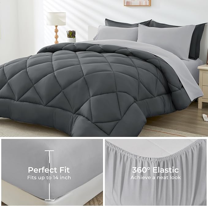 HEVUMYI Full Comforter Set - 7-Piece All Season Bed in a Bag Full, Ultra Soft Bedding Set with Comforter, Flat Sheet, Fitted Sheet, Pillowcases, Pillow Shams, Dark Grey & Light Grey
