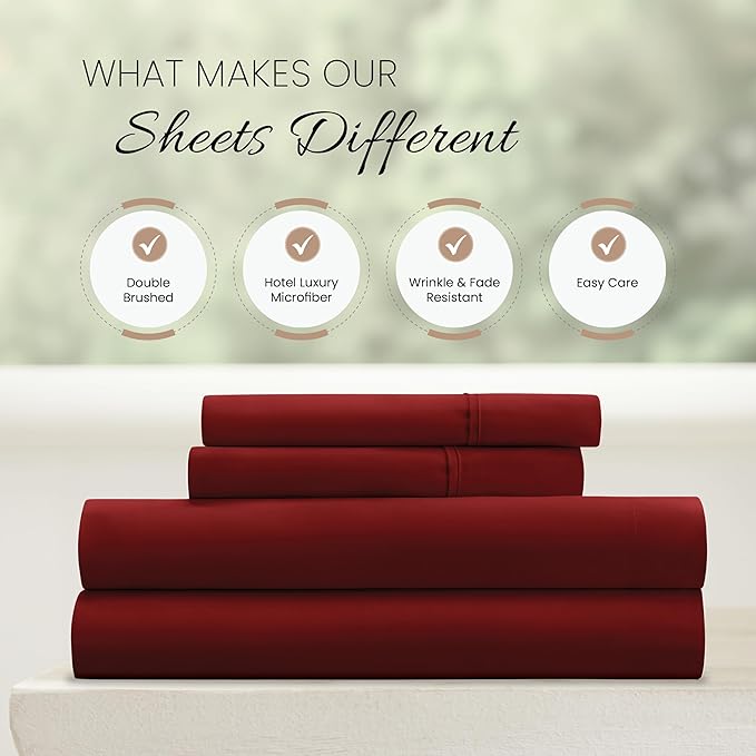 Linen Market Brushed Microfiber Queen Sheet Set 4 Piece – Oeko-TEX Certified Ultra Soft & Wrinkle-Free - 16" Deep Pocket Sheets - Easy Care Queen Size - Burgundy