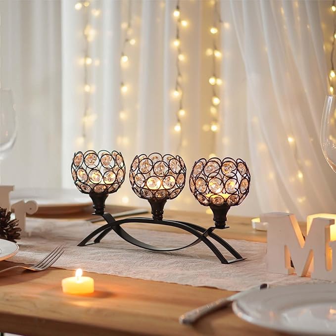 Crystal Tealight Candle Holder Centerpiece Home Decorative Candlestick Holder Elegant Table Centerpiece Home Decor Wedding Party Anniversary (Black, 3 Arm)