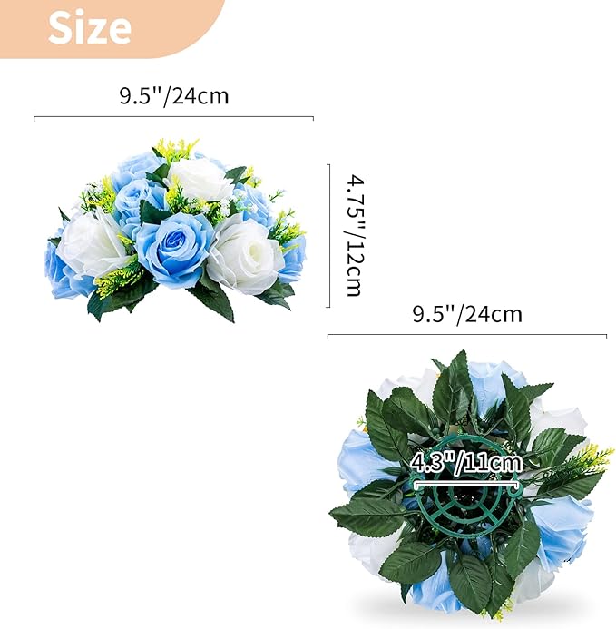 NUPTIO Pcs of 10 Fake Flower Ball Arrangement Bouquet,15 Heads Plastic Roses with Base, Suitable for Our Store's Wedding Centerpiece Flower Rack for Parties Valentine's Day Home Décor (Blue & White)