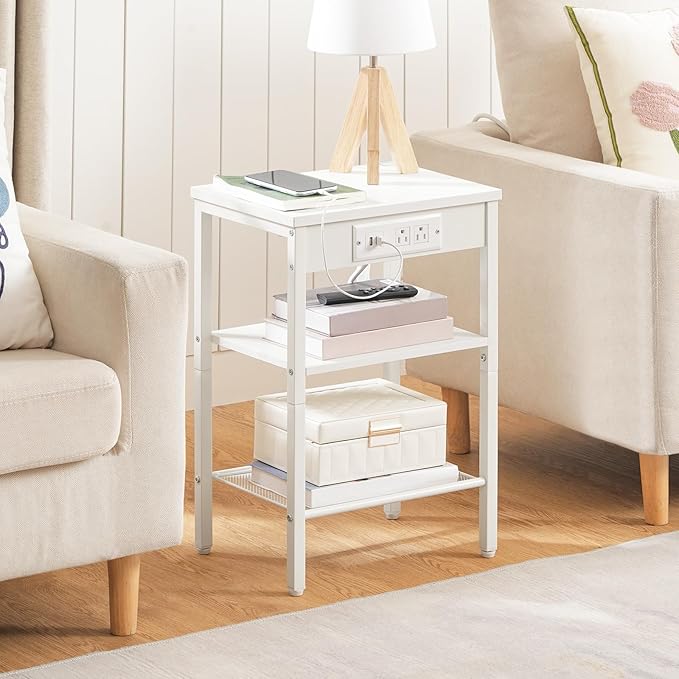 HOOBRO Side Table with Charging Station and USB Ports, Small End Table for Small Space, 3-Tier Nightstand with Adjustable Shelf, for Living Room, Bedroom and Balcony, White WW112BZ01