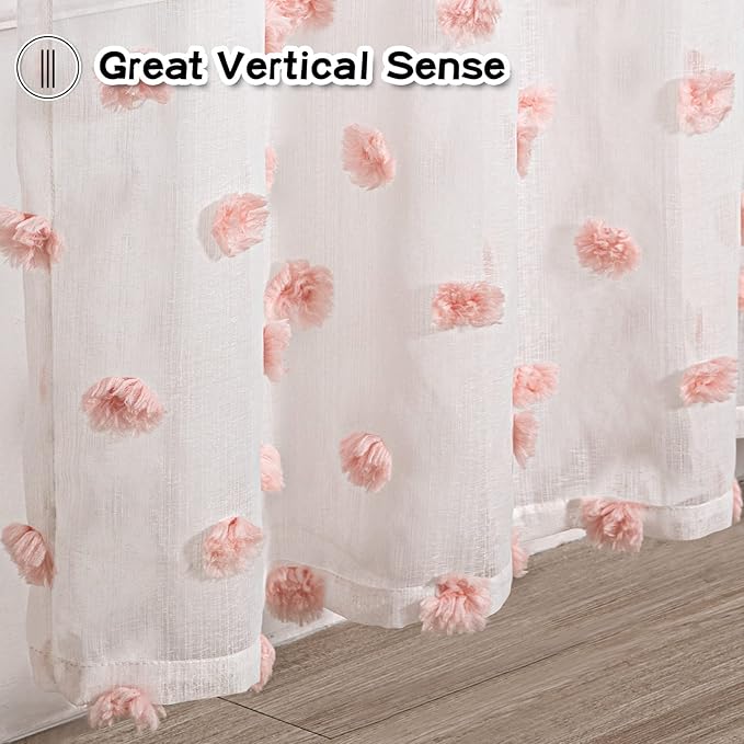 MYSKY HOME Small Window Curtains for Bathroom Kitchen 45 Inches Long Pink Pom Pom White Sheer Curtains Nursery Bedroom Girls Kids Room Rod Pocket 2 Panels Boho Cafe Window Drapes Blush 52" x 45"