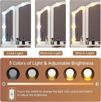 Tiptiper Vanity Table Set with Lighted Tri-Folding Mirror, Makeup Vanity with Lights & 3 Color Lighting Modes, Vanity Desk with Mirror and Cushioned Stool, Makeup Table with 5 Drawers, White