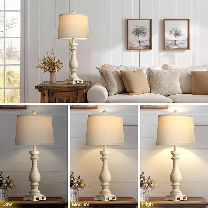 29" Tall Vintage Table Lamps Set of 2,Farmhouse Bedside Lamps with USB C+A Ports & AC Outlet,3-Way Dimmable Touch Lamp for Night Stands Living Room Bedroom,Beige