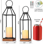 Perfnique Metal Lanterns w/ Pine Wood, Set of 2 Farmhouse Lantern Decorative w/ Waterproof Flameless Candle & Remote Timer, Modern Farmhouse Candle Holder for Outdoor, Porch, Fireplace(Wood Base)