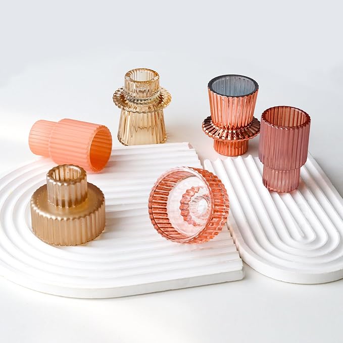 Pink Candlestick Holders 6PCS for Tealight Candle Stick Candles, Ribbed Glass Taper Candle Holders Set, Table Centerpieces for Weddings Christmas Home Decor Indoor and Outdoor