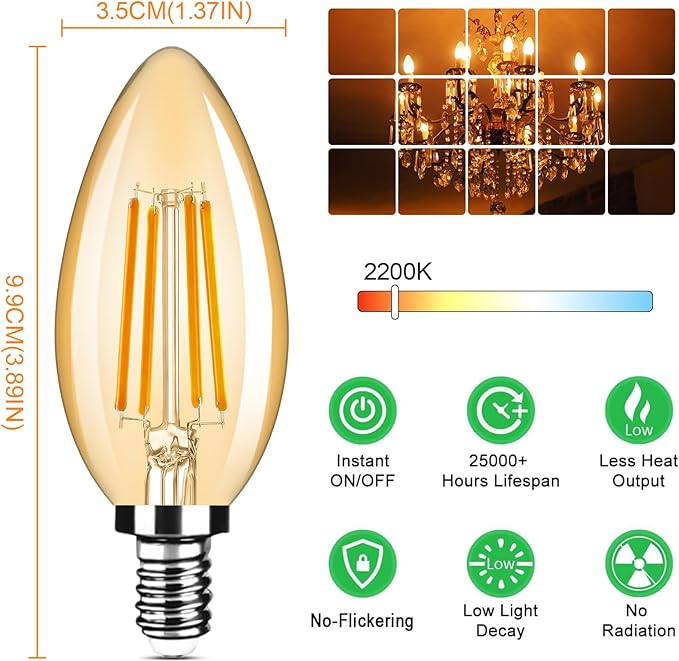 12-Pack Dimmable E12 LED Candelabra Bulbs 40Watt Equivalent, 2200K Amber Warm White, 380Lumens, 4W B11 Amber Chandelier Light Bulbs, LED Filament Clear Glass Candle Lamp for Ceiling Fan Home Decor