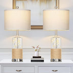 25" Boho Table Lamps Set of 2, Coastal Glass Bedside Lamps with USB A+C Ports and AC Outlet, Rattan Lamp with Night Light for Nightstand Living Room Bedroom, 2 LED Bulbs Included, Silver
