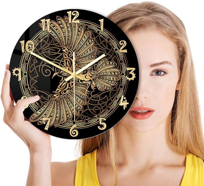 12 Inch Scandinavian Tattoo Odin's Celtic Raven Wall Clock, Norse Viking Man Cave Wall Clock Runic Symbols Crow Vintage Decorative Silent Non Ticking Battery Wall Watch Clock for Living Room