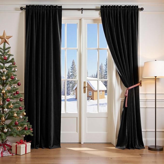 Lazzzy Velvet Blackout Curtains Thermal Insulated Room Window Drapes Super Soft Luxury Curtains for Living Room Bedroom Rod Pocket 2 Panels, Black, 52" W x 84" L