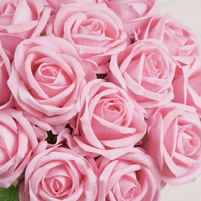 BLEUM CADE 100 Pcs Pink Roses Artificial Flowers, Real Touch Velvet Roses Fake Flowers Bulk, Artificial Roses Bouquet with Long Stems Bridal DIY Wedding Party Centerpiece Decorations