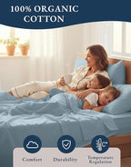 LANE LINEN 100% Organic Cotton Bed Sheets King Size, Soft & Comfy Fully Elasticized Percale Bedding Sheets & Pillowcase Set, Low Pilling Machine Washable All Season King Sheet- French Blue