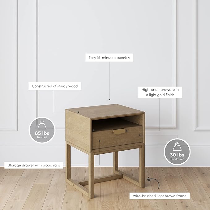 Nathan James Harper Modern Nightstand Side Accent or End Table with Storage Drawer, Set of 2, Light Brown