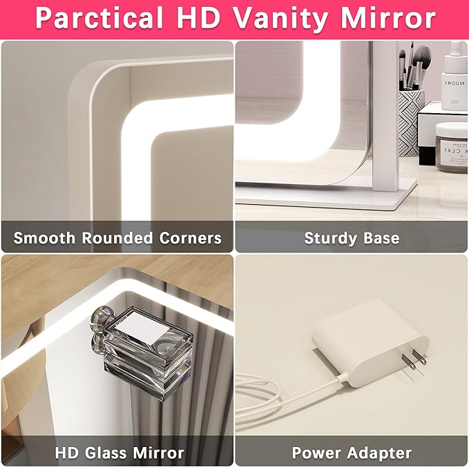 22x17 Inch Lighted Vanity Mirror with Dimmable LED Lights - 3 Color Modes, Smart Touch Control & 360° Rotating Base - Desk Makeup Mirror (White)