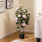 GOFLAME 3FT Artificial Camellia Tree, Faux Camellia Plant with Pink Flowers, Solid Wood Trunk, Realistic Moss, Greenery Potted Decoration Tree for Indoor Outdoor Home Porch Front Door