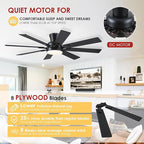 Ceiling Fans with Lights- 52" Low Profile Indoor Ceiling Fan with Light and Remote/APP Control, 8 Blade,Flush Mount, LED Dimmable DC Reversible Modern Ceiling Fan for Bedroom（Black）