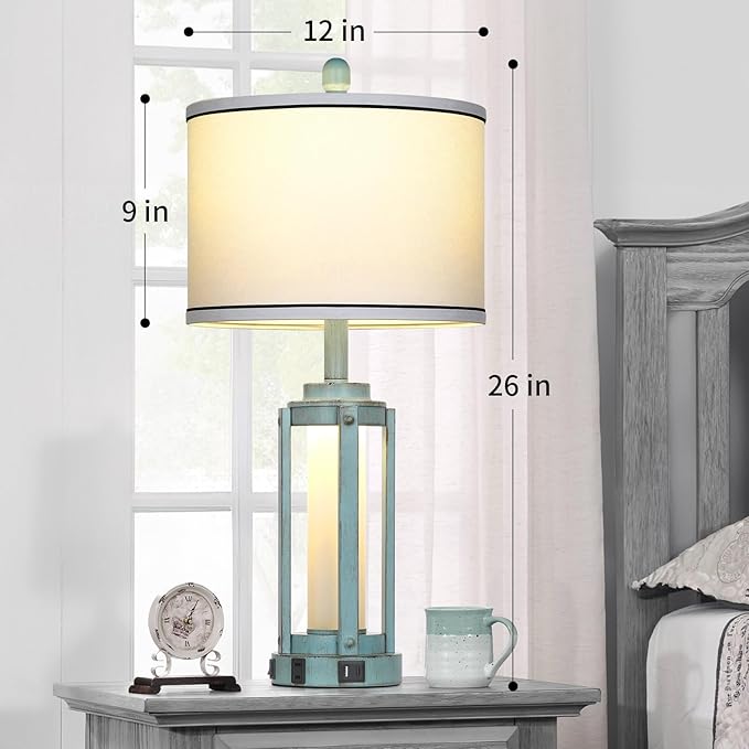 Farmhouse Lamps Set of 2, 26" Vintage Rustic Industrial Beside Lamps with USB A+C Charging Ports & AC Outlet, Nightstand Metal Lamp with LED Night Light & Fabric Shade for Living Room Bedrooms Blue