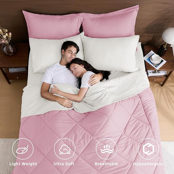 HEVUMYI Queen Comforter Set - 7-Piece All Season Bed in a Bag Queen, Ultra Soft Bedding Set with Comforter, Flat Sheet, Fitted Sheet, Pillowcases, Pillow Shams, Pink & Ivory