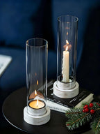 NUPTIO Dripless Candlestick Holders with Wax Catchers: Set of 2 Hurricane Glass Candle Holders with Metal Bobeches for Easier Reuse - White Wood Farmhouse Home Decor for Christmas Fireplace