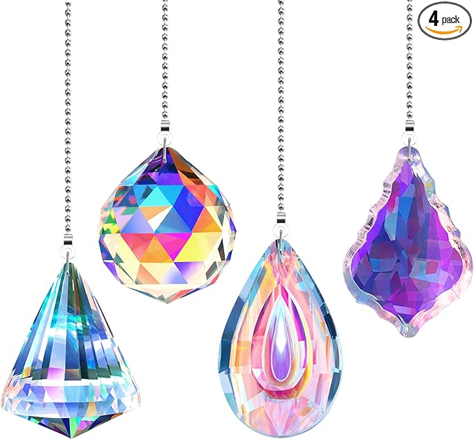 4 Pieces Crystal Ceiling Fan Pull Chain Decorative Rainbow Pull Chain Extension 20 Inch Ceiling Ornament with Ball Connector(Longan, Round, Polygon, Quadrilateral)