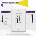 ENERLITES 3 Speed Ceiling Fan Control and Dimmer Light Switch, 2.5A Single Pole Light Fan Switch, 300W Incandescent Load, No Neutral Wire Required, 17001-F3-W, 120 Volts (AC), White, 2 Pack