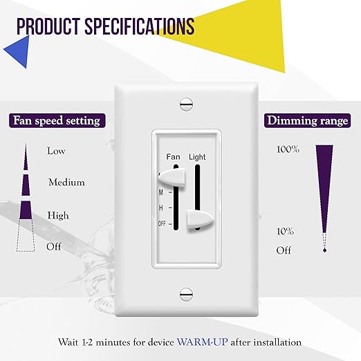 ENERLITES 3 Speed Ceiling Fan Control and Dimmer Light Switch, 2.5A Single Pole Light Fan Switch, 300W Incandescent Load, No Neutral Wire Required, 17001-F3-W, 120 Volts (AC), White, 2 Pack