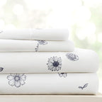Linen Market Double-Brushed Patterned Microfiber Queen Sheet Set 4 Piece – Oeko-TEX Certified Ultra Soft & Wrinkle-Free - 16" Deep Pocket Sheets - Easy Care Queen Size - Indigo Flowers Navy