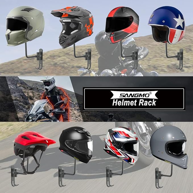 SANGMO Grey 180° Motorcycle Helmet Rack, Rotation Metal Helmet Holder Wall Mount, Helmet Holder Bike with 2 Hooks Helmet Hanger for Motorcycle Bike Coats, Caps, Baseballs, Rugby Helmet