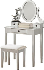 Roundhill Furniture Moniys Wood Moniya Makeup Vanity Table and Stool Set, Silver
