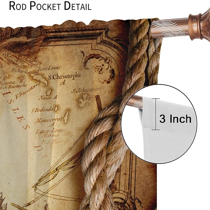 Pirate Map Curtains, Nautical Theme Old Ancient Treasure Map Secret Sea History Pattern Blackout Window Drapes for Kids Boys Bedroom Living Room 63x63in