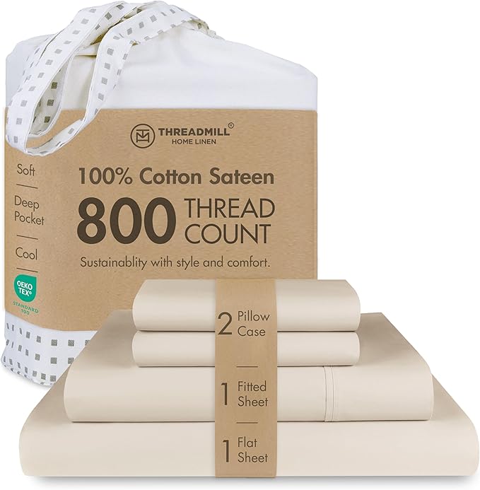Threadmill Luxury 800 Thread Count California King 100% Cotton Sheets - Light Beige Sateen Weave Bed-Sheets, Better Than Egyptian Cotton,4 Pc Solid Bedding Set, Fits 16" Deep Pocket
