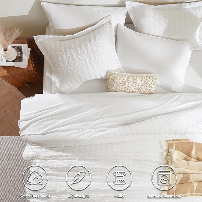 CozyLux Twin XL Seersucker Comforter Set with Sheets White 5 Pieces Bed in a Bag Twin Extra Long Luxury Soft Bedding Sets for College Dorm with Down Alternative Comforter, Sheets, Pillowcase & Sham