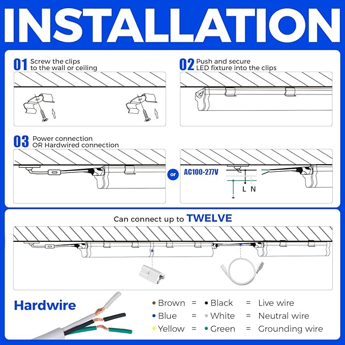 Barrina T5 LED Shop Light 2FT, 6500K (Super Bright White), Utility Shop Lights, Ceiling and Under Cabinet Light, ETL Listed, Corded Electric with Built-in ON/Off Switch, 6 Pack
