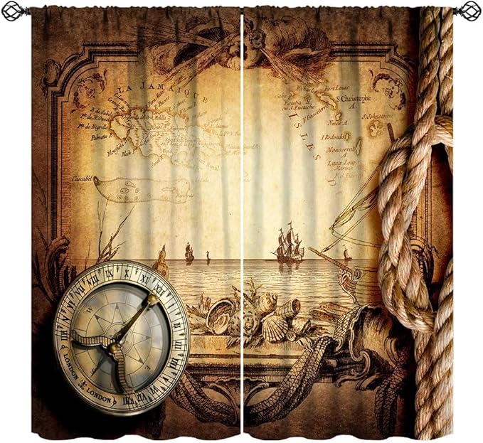 Pirate Map Curtains, Nautical Theme Old Ancient Treasure Map Secret Sea History Pattern Blackout Window Drapes for Kids Boys Bedroom Living Room 42x45 Inch