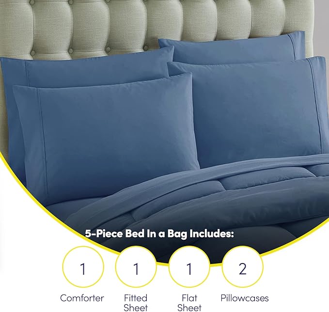 Sweet Home Collection 7 Piece Comforter Set Bag Solid Color All Season Soft Down Alternative Blanket & Luxurious Microfiber Bed Sheets, Denim, Twin XL
