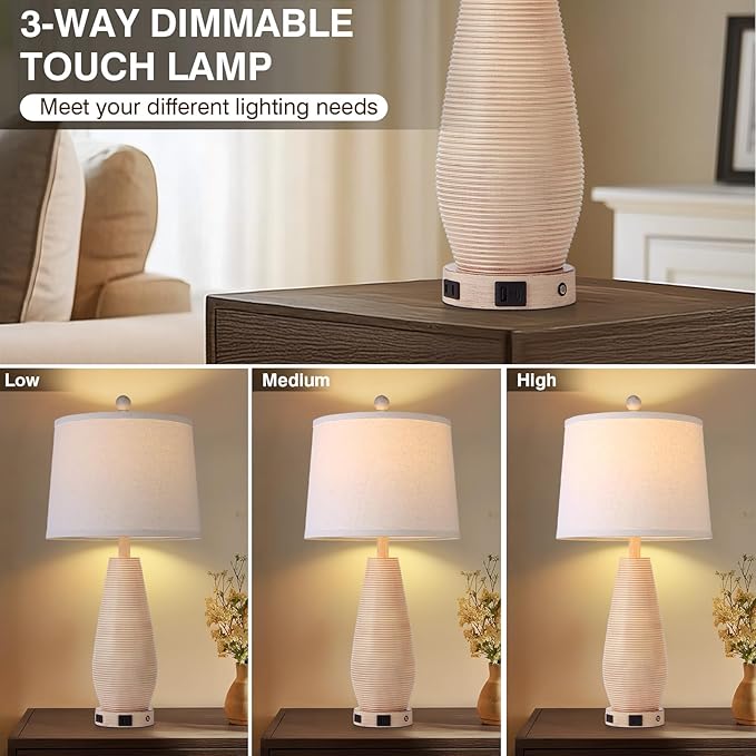 Farmhouse Table Lamps Set of 2 with USB C+A Ports and AC Outlet, 3 Way Touch Rustic Bedside Lamps for Living Room, 26.5" Cream Vintage Lamps for Bedroom Nightstand