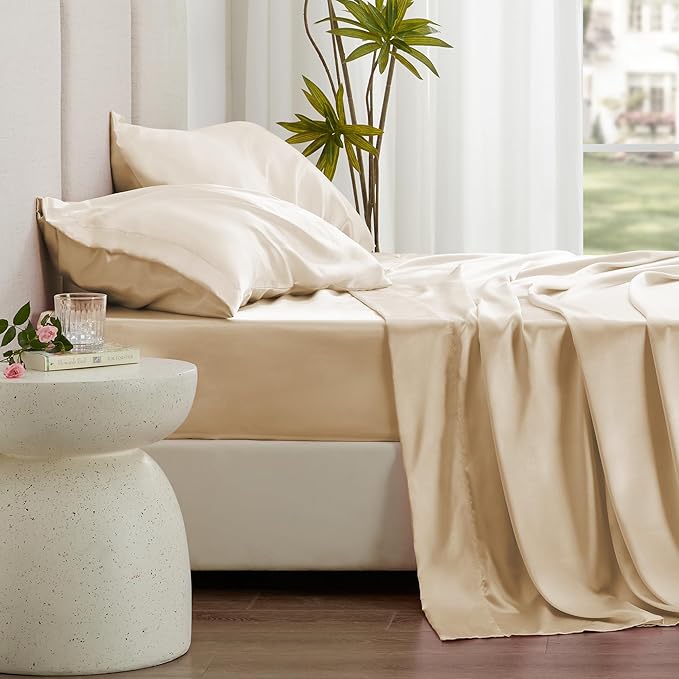 Love's cabin Twin Satin Sheets Sets - 3 Piece Beige Silky Bed Sheets with Deep Pockets, Luxury Silk Feel Satin Twin Size Sheet Set Bedding Set (1 Flat Sheet,1 Fitted Sheet,1 Pillow case)