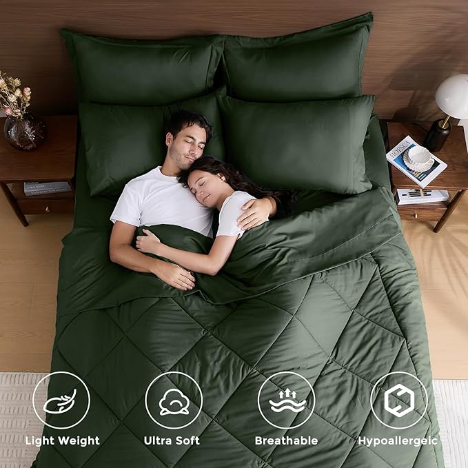 HEVUMYI Army Green Full Comforter Set - 7-Piece All Season Bed in a Bag Full, Ultra Soft Bedding Set with Comforter, Flat Sheet, Fitted Sheet, Pillowcases, Pillow Shams